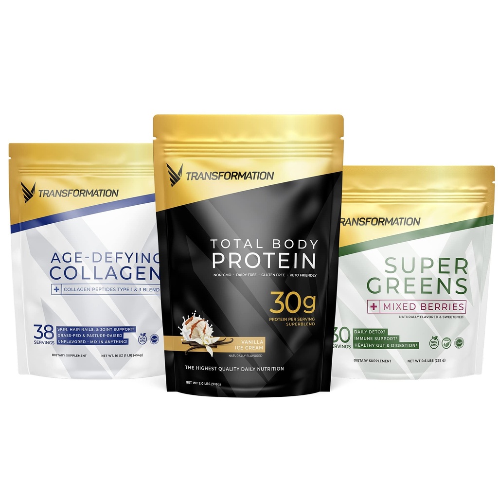 변형 바닐라 단백질 분말 | 30G 멀티 프로테인 Superblend + Grass-Fed Hydrolyzed Collagen Peptides Powder- Hair, Skin, Nails + Organic Super Greens Superfood Powder- Immune & Energy Support