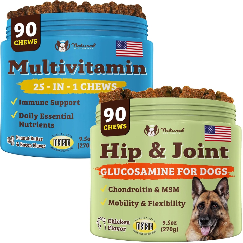 자연적인 개 회사 개는 시니어 & 활동적인 개를 위해 보충합니다 - Multivitamin Chews & Hip & 합동 기복 - 합동 건강을 위한 완전한 영양 지원, 개를 위한 비타민, 에너지, & 활력
