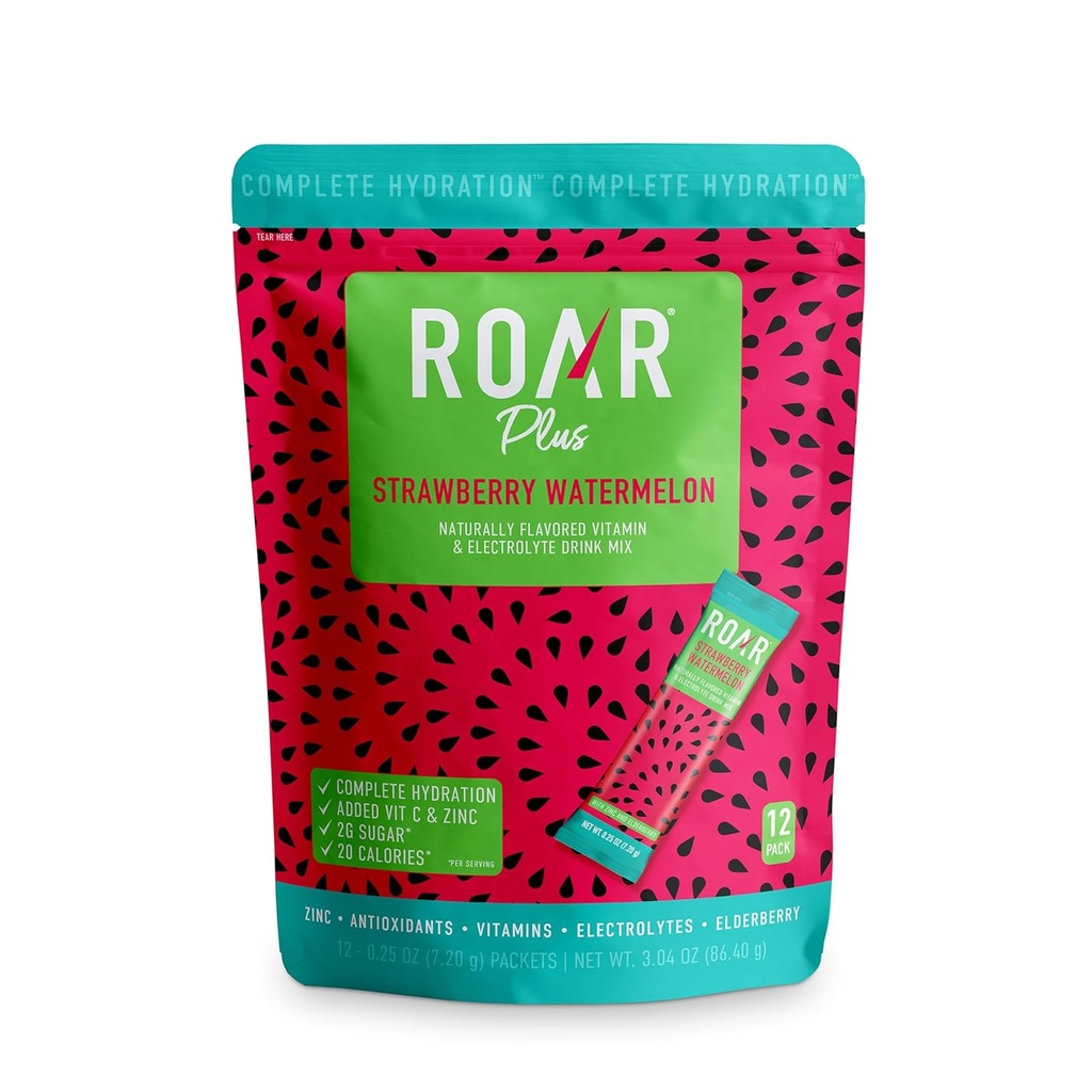 Roar 완전한 Hydration 분말 플러스 - 아연과 Elderberry를 가진 Hydration 소포 - 전해질 분말 없음 GMOs, 글루텐 자유로운 - 열대 강선전도 - 12 PC