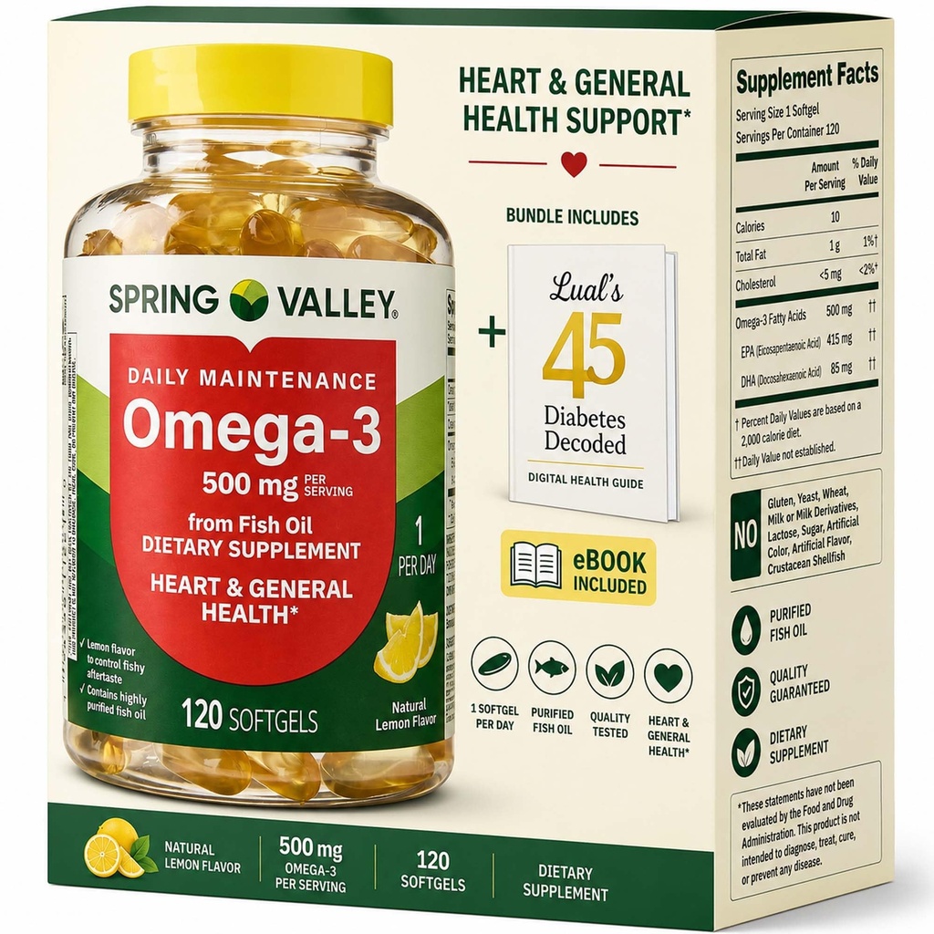 물고기 기름에서 봄 밸리 오메가-3 500 mg 120 조사, SoftGels, 일반 & 심장 건강 규정식 보충교재는 Luall의 45 Diabetes 해독합니다