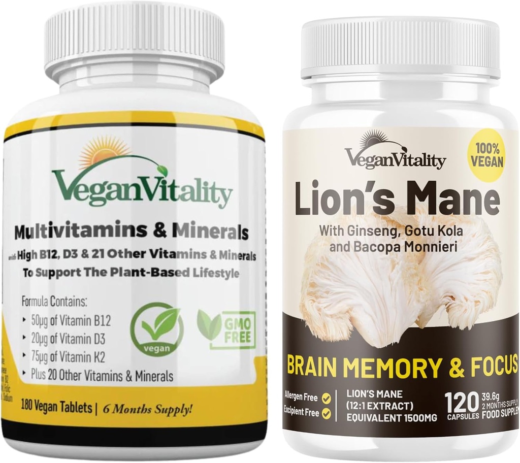 Vegan Vitality Lion's Mane x 일반 건강 콤보 번들 - 6 개월 사자의 Mane 및 Multivitamins