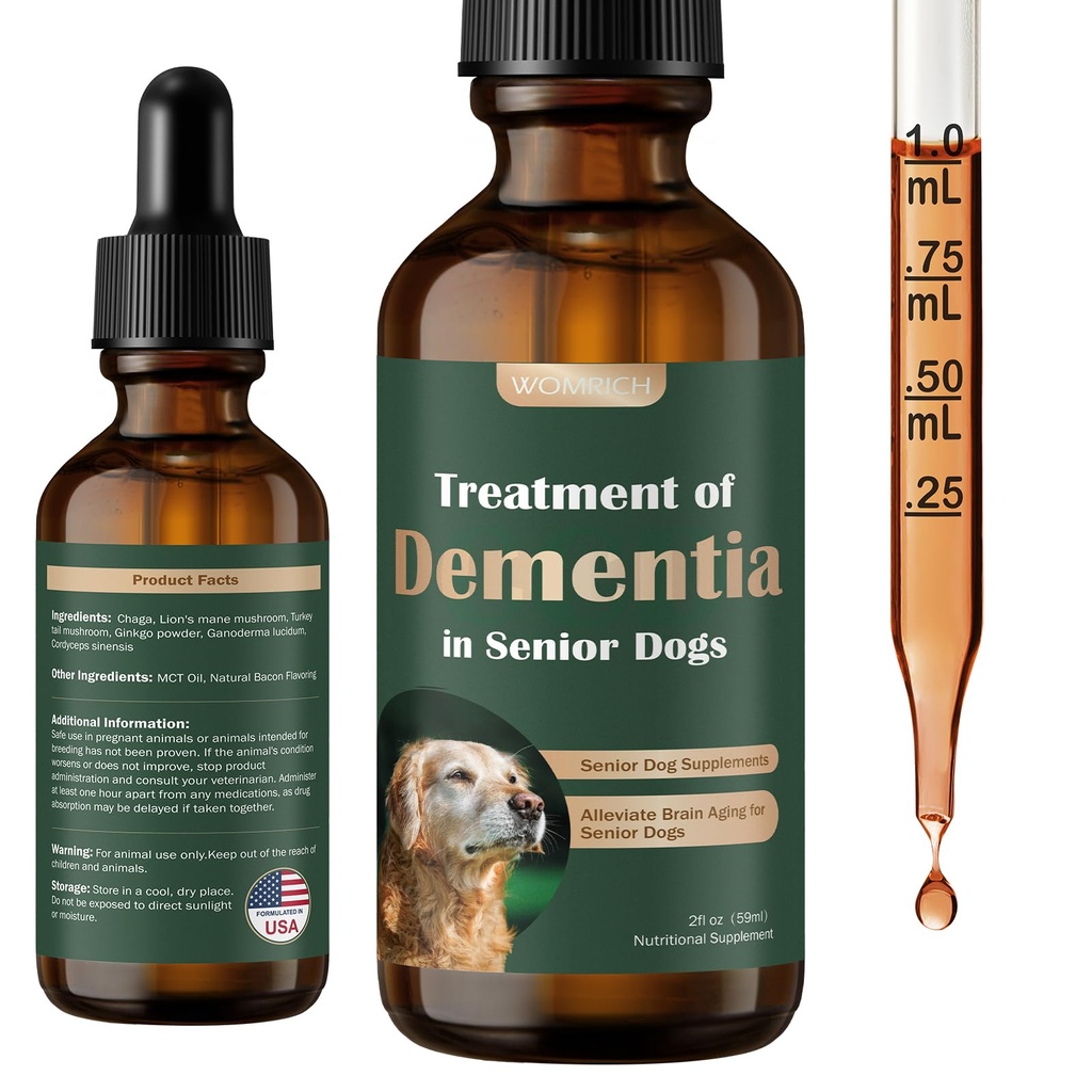 뇌 건강 및 신경 시스템 지원을위한 수석 개 보조제, 개를위한 버섯 보충, Calming 및 Relaxation을위한 Dementia 보충, 분실, 사회 철회를 얻는 주소 - 59 ML