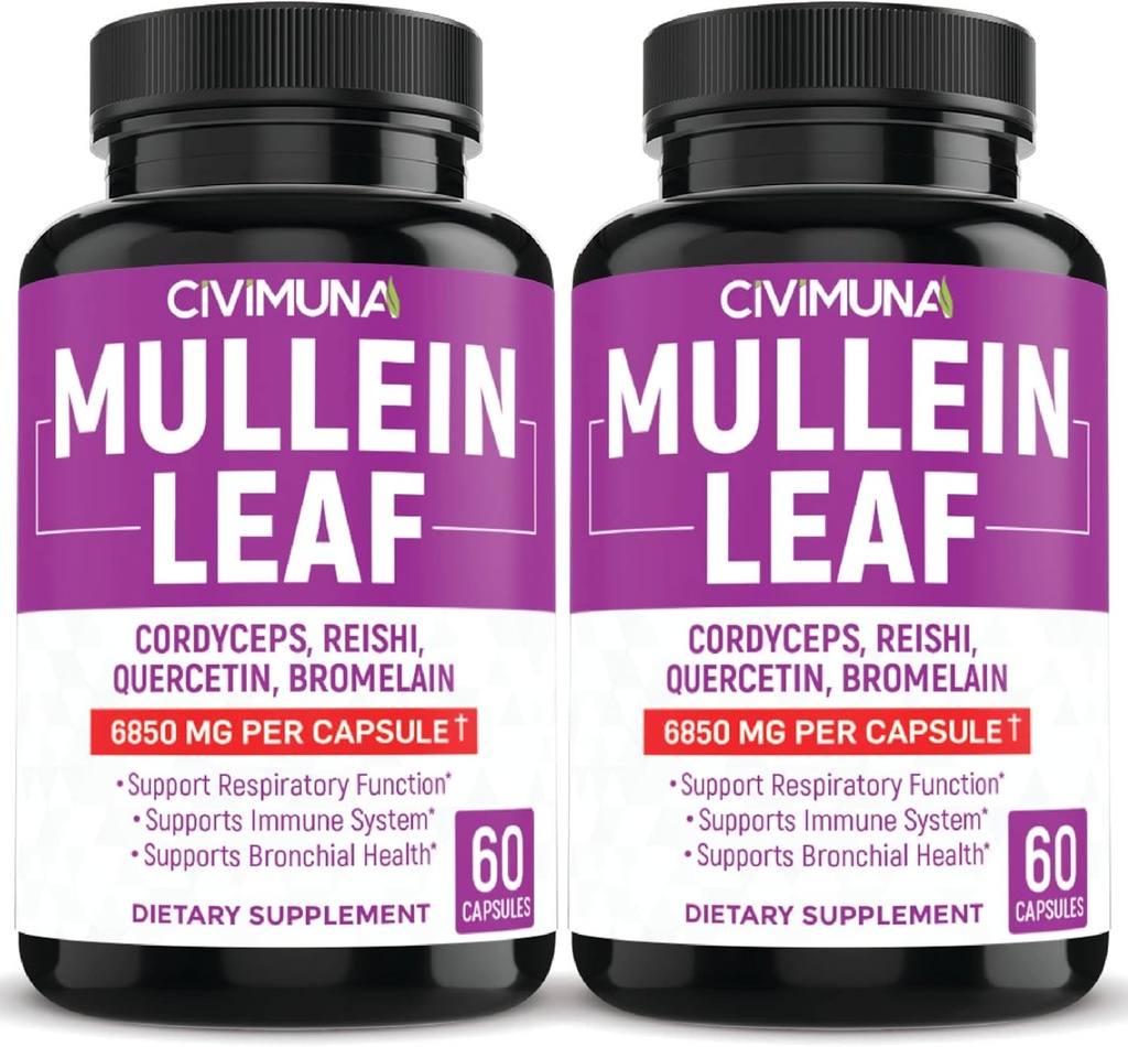 (2 팩) Mullein 잎 캡슐 6850mg - Mullein 잎, Cordyceps, Reishi - 4 개월 공급
