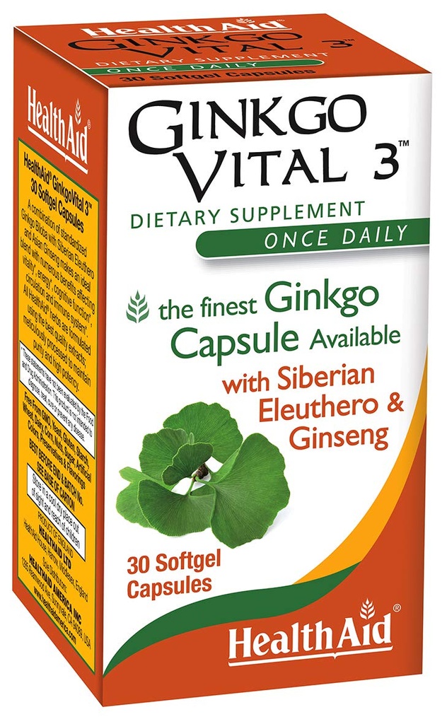 HealthAid Ginkgo Vital 3 – Ginkgo Biloba, Siberian Eleuthero & Korean Ginseng과 함께 한 번 매일 Softgel | 30 Softgels