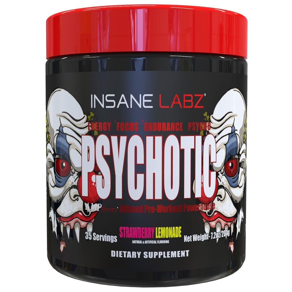 Insane Labz Psychotic, 높은 자극제 전 운동 분말, 극단적 인 Lasting 에너지, 초점 및 지구 베타 Alanine, 크레아틴 Monohydrate, DMAE, 35 Srvgs (Strawberry Lemonade)와 내구시간