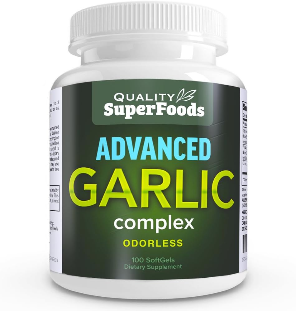 고급 마늘 복합 단지 - 품질 SuperFoods (100ct) 최대 강도 복합 단지 Odorless 마늘 (Allium sativum), Parsley (petroselinum crispum) 및 Chlorophyll의 혼합을 포함합니다.