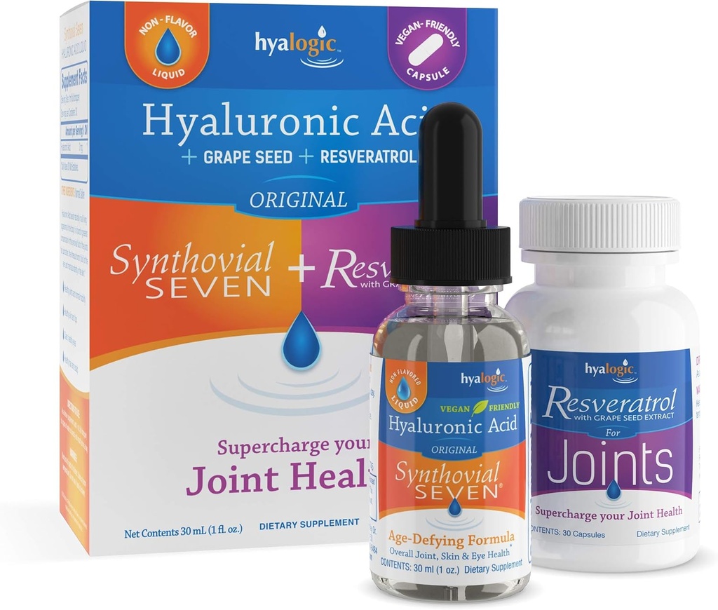 Hyalogic Synthovial 7 Hyaluronic 산 액체 & Resveratrol 캡슐 - HA 지원 - Vegan - 1개 oz