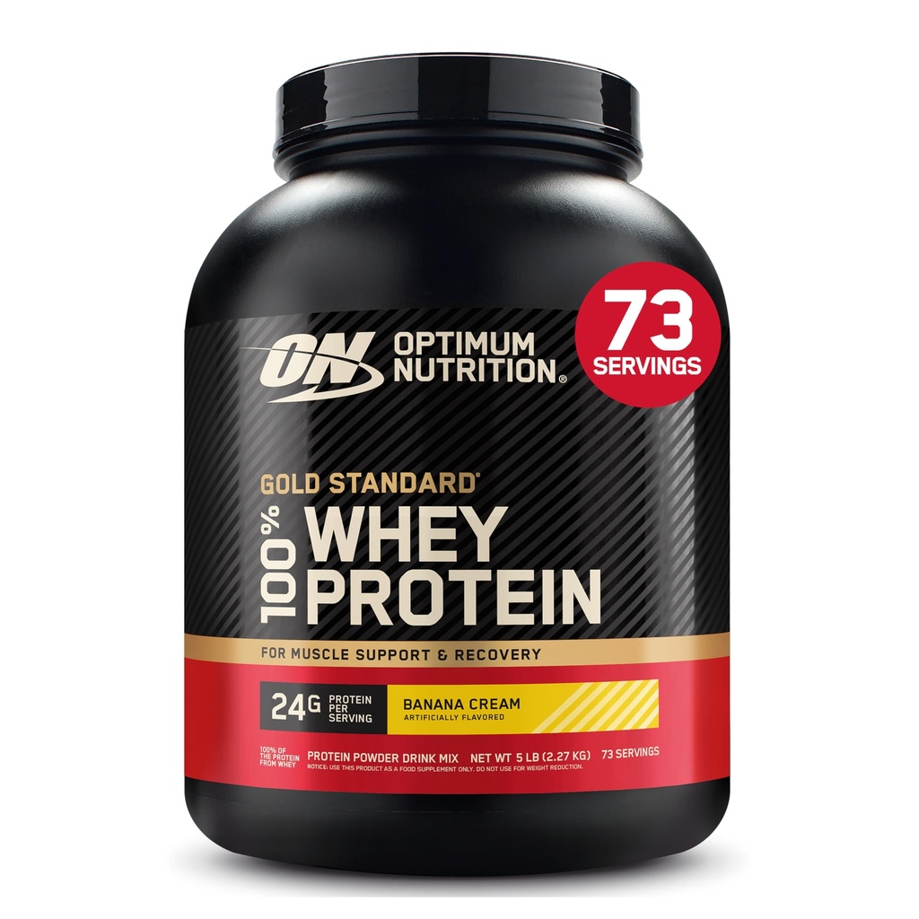 최적 영양 골드 표준 100 % Whey Protein Powder, 바나나 크림, 5 파운드 (패키지 May Vary)