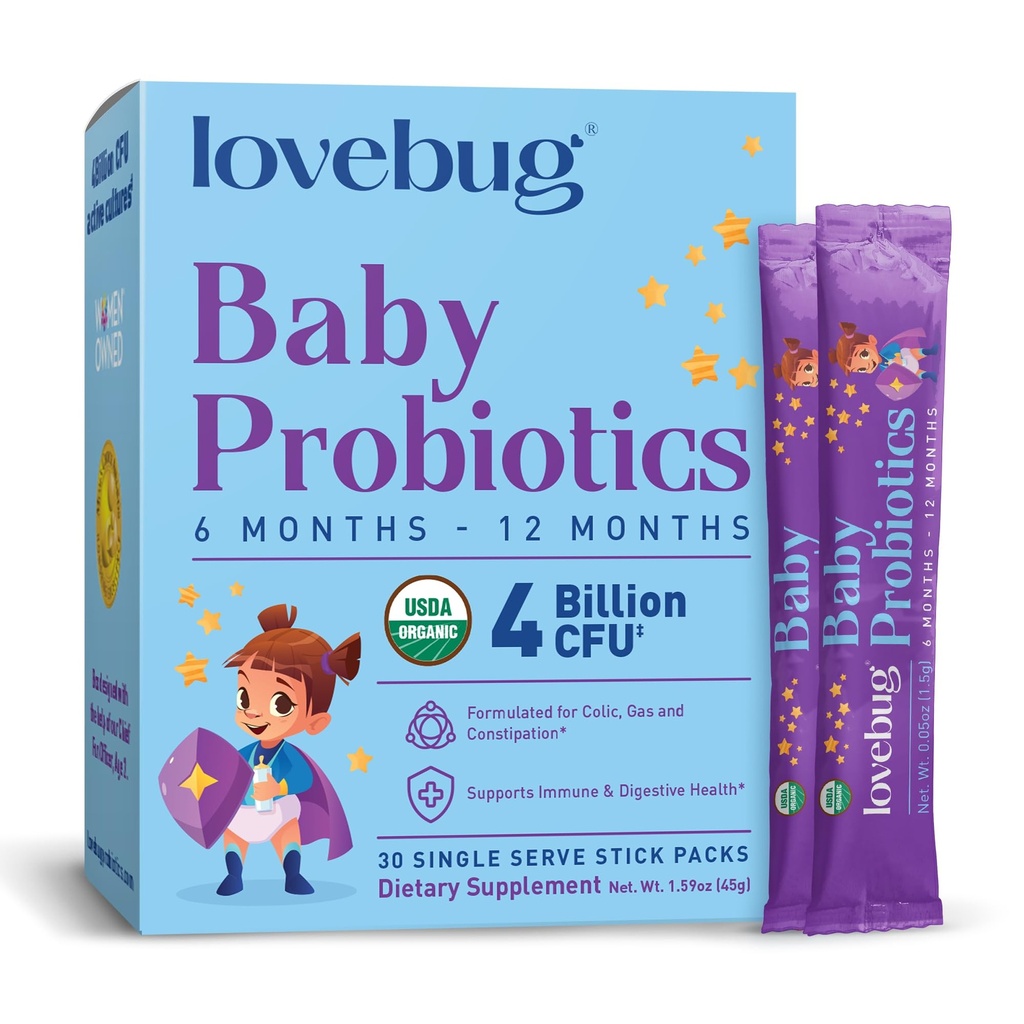 아기를위한 LOVEBUG Probiotics - 유기농 아기 Probiotics 6-12 개월 아기 Immune 지원, 가스, Colic, Diarrhea & 유아 변비 완화 설탕 - 무료, 맛없는 분말, 30 팩