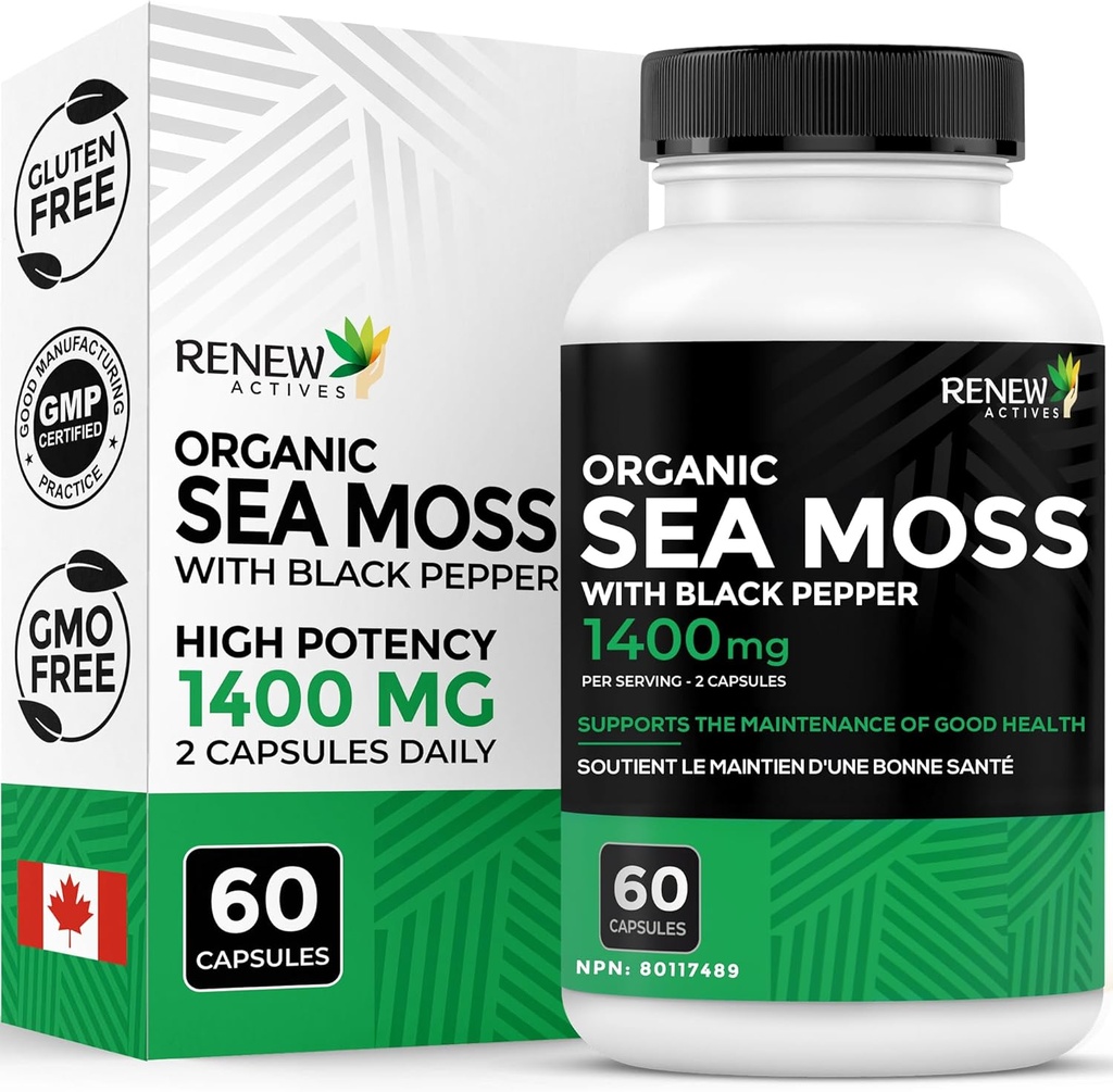 Renew Actives Sea Moss Triple-Action Antioxidant Blend with BioPerine – 유기 아일랜드어 Sea Moss 500MG, Bladderwrack 500MG & Burdock Root 400MG per 2 캡슐 - 캐나다 - 60 캡슐