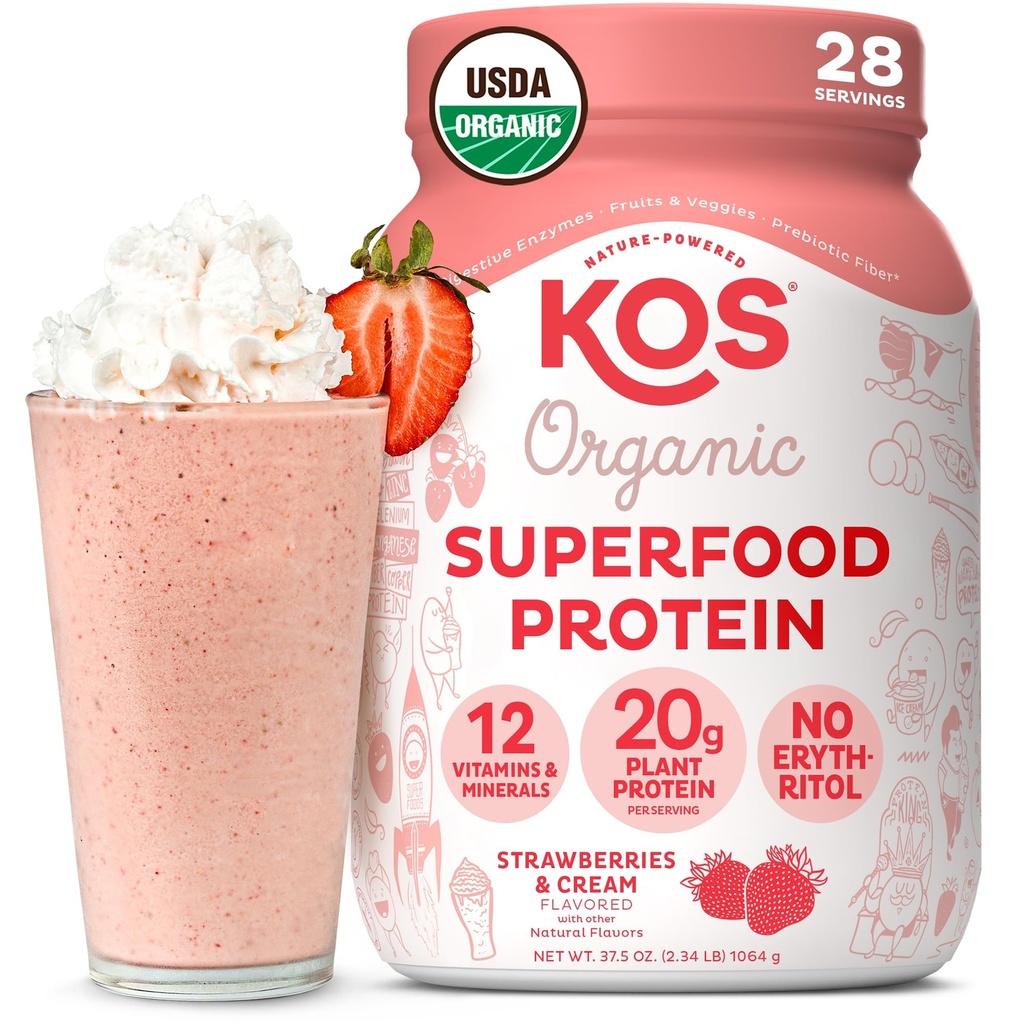 KOS Vegan Protein Powder, Strawberry & Cream USDA Organic - 낮은 Carb Pea Protein Blend, 비타민 및 미네랄, 글루텐 무료 - 여성 및 남성을위한 식사 교체 - 28 서빙