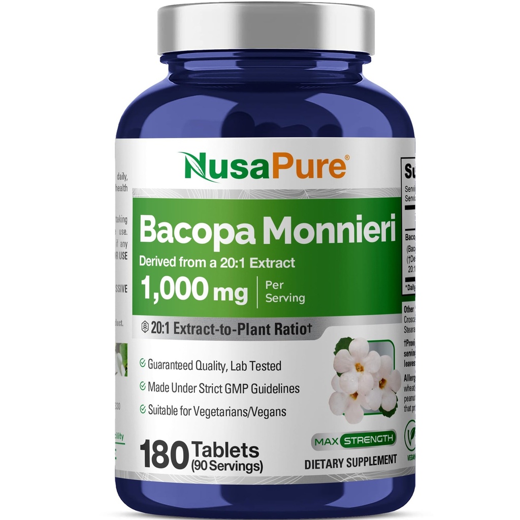 NusaPure Bacopa 잎 Monnieri 추출물 20,000 mg 180 정제 (Extract 20 : 1, Non-GMO, 글루텐 무료)
