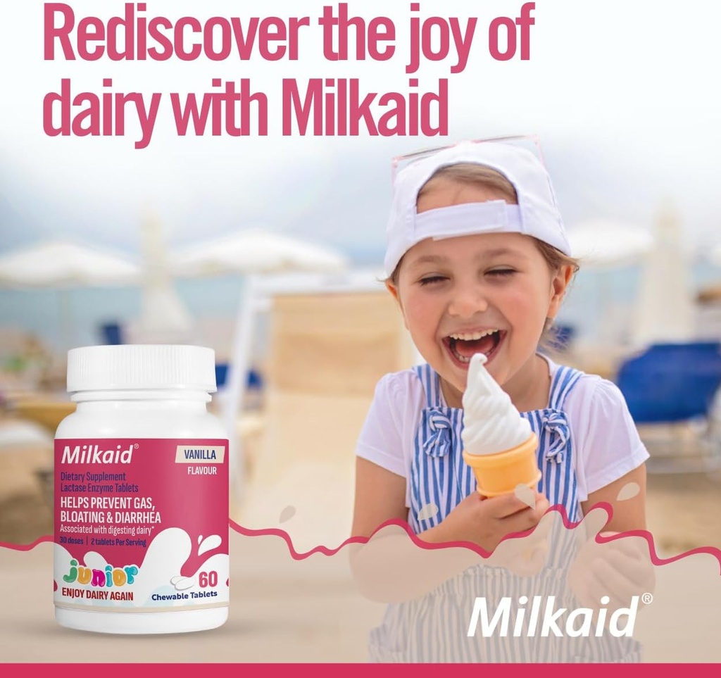 Milkaid Junior 풍미 팩 | 도움은 가스, 붕산염, 아이들의 설사를 막습니다 | 아이를 위한 빠른 행동 낙농장 소화 보충교재 | 180 정제