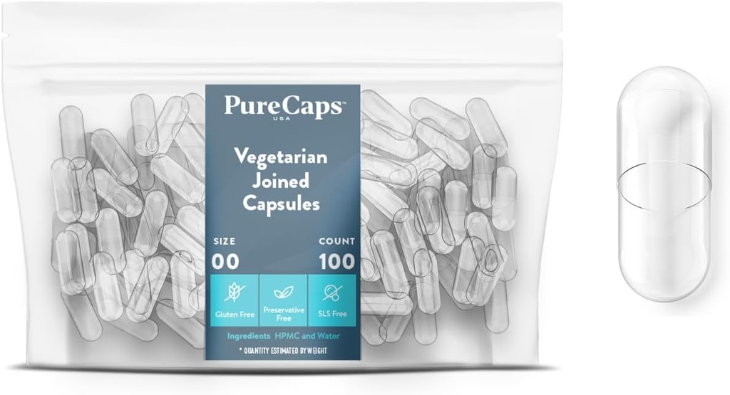 PureCaps USA - 빈 채식 및 채식 환약 캡슐 크기 00|100 가입된 알약| Clear| Non-GMO 인증| SLS, 글루텐, 보존 무료