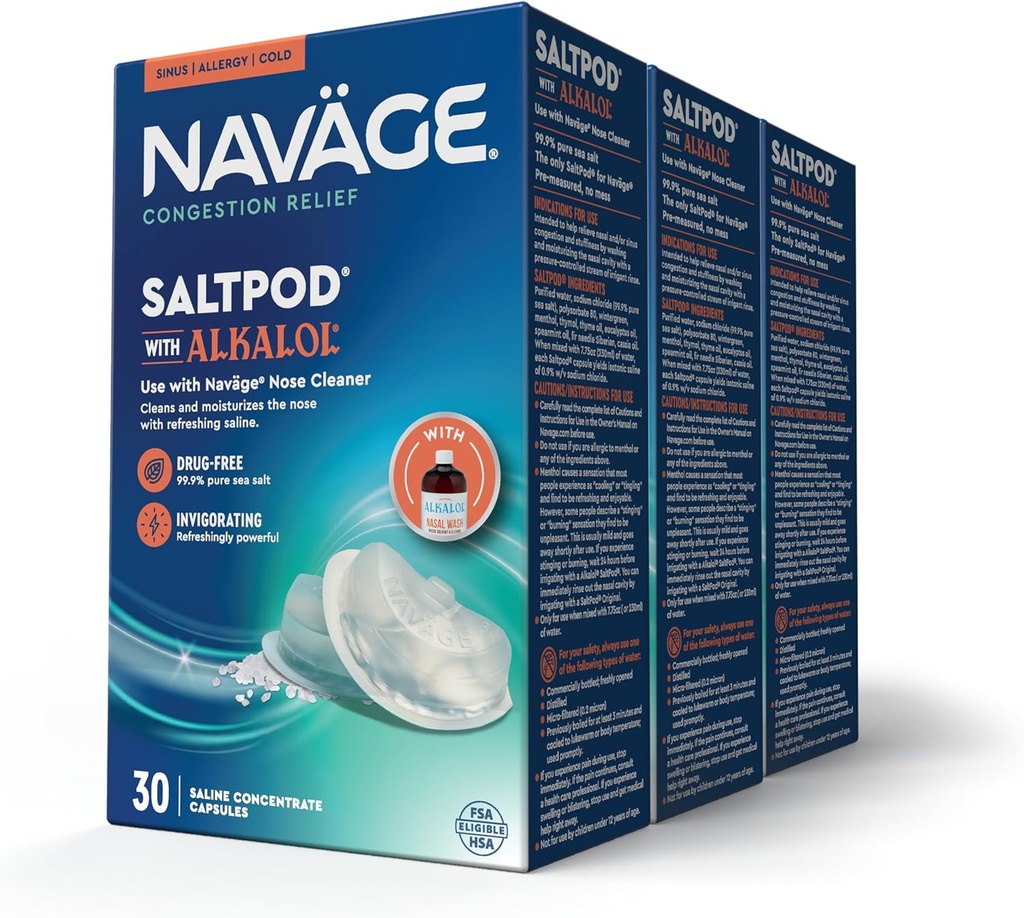 Navage SaltPod w/ Alkalol (3 30 팩) - Navage Nasal Rinse를 위해 독점적으로 디자인해 - 빠른 기복을 위한 Sinus Rinse Alkalol Pod (90 소금포드 보충물)