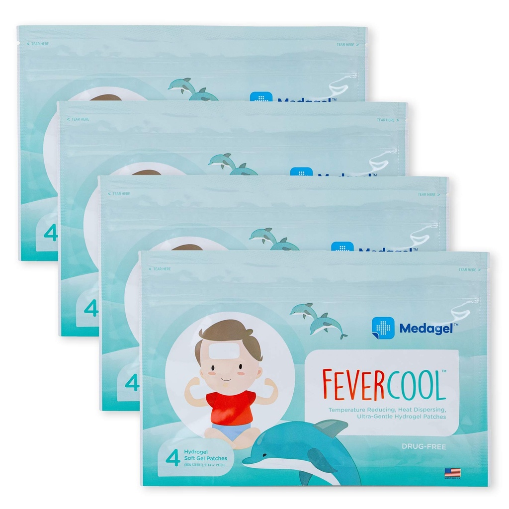FeverCool Patches - Fever, Migraine 및 Headache Relief 용 냉각 패치 | 미국에서 제작 | 쿨 온도 | Mess & Odor Free | 성인 및 어린이 2+ | 4 팩 (16 x 패치)