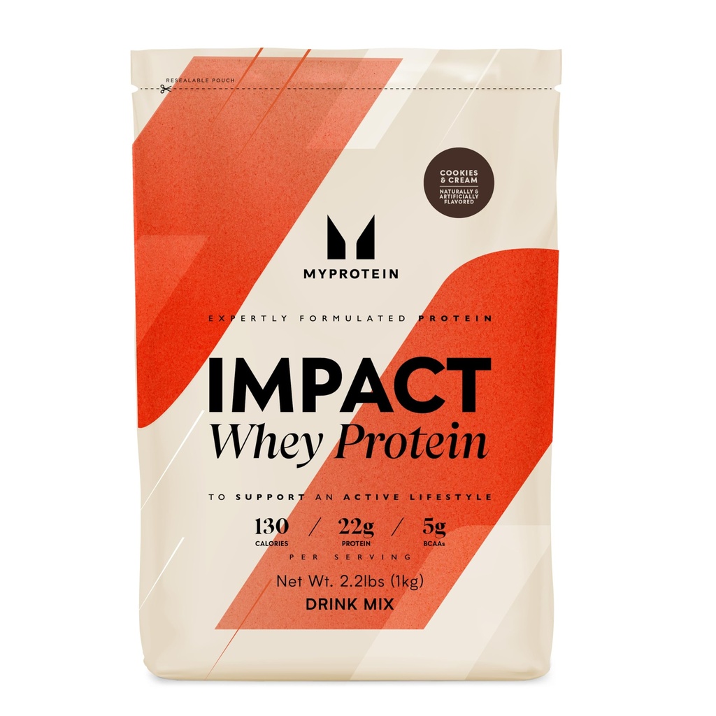 Myprotein Impact Whey Protein Powder, 2.2 Lbs (32 서빙) 쿠키 및 크림, 22g Protein & 5g BCAA Per 서빙, 뛰어난 성능, 근육 강도 및 회복, 글루텐 무료