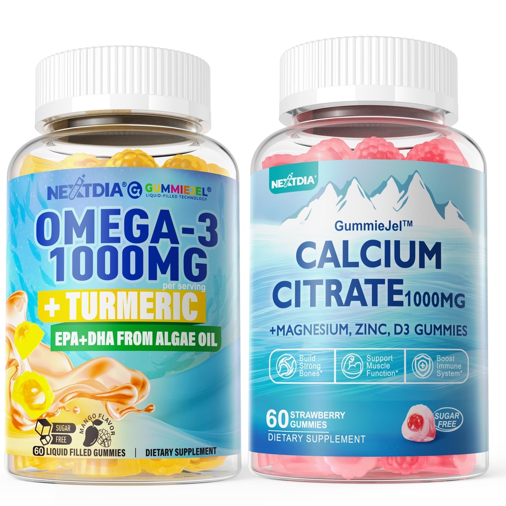 1Pack 설탕 자유로운 칼슘 구연산염, 마그네슘 구연산염 & 1Pack Vegan Omega-3 Gummies 1000mg + Turmeric