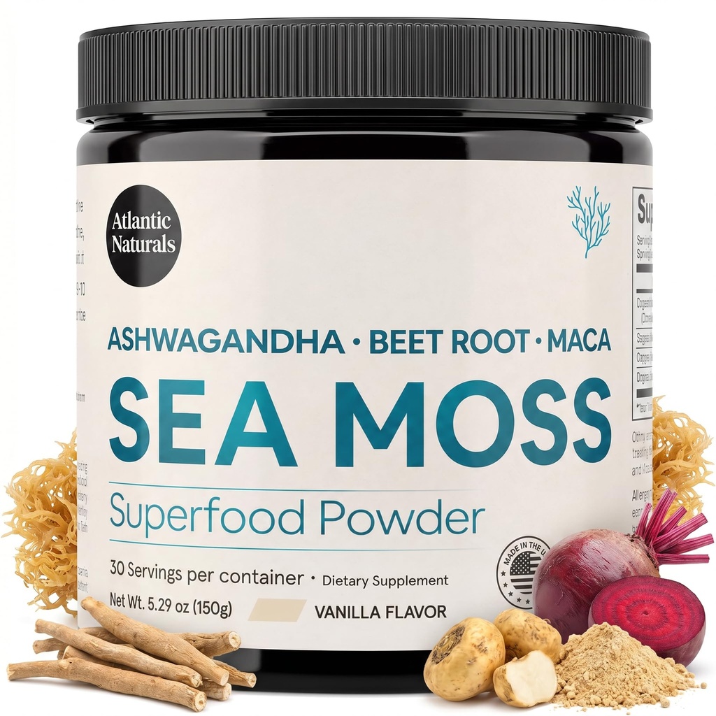 Atlantic Naturals Sea Moss Superfood Powder with Ashwagandha, Beet Root, Maca Root - Sea Moss Powder는 건강한 피부, 운동 성능 및 긍정적 인 무드 - 바닐라 맛 (150g)을 지원합니다.