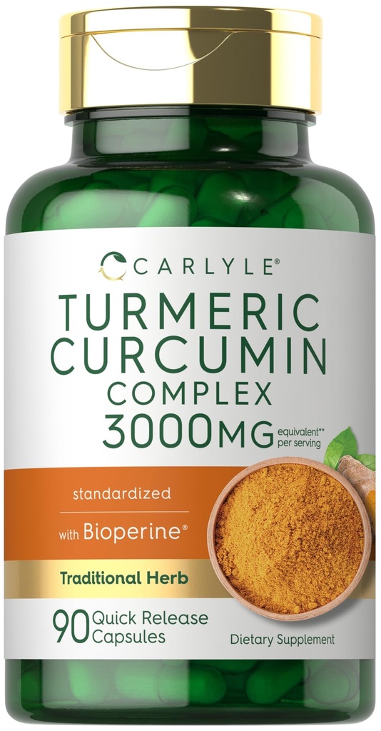 Black Pepper 3000mg의 Carlyle Turmeric Curcumin | 90 분말 캡슐 | Bioperine의 복잡한 보충 | Non-GMO, 글루텐 무료