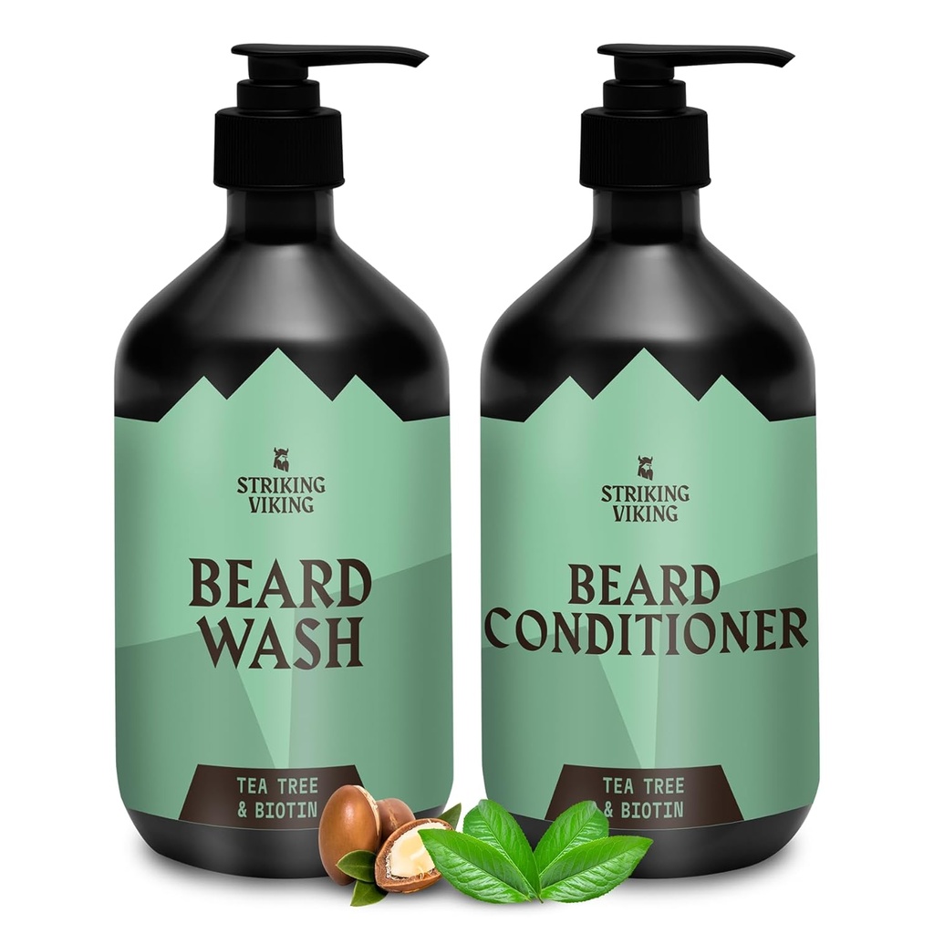Striking Viking Beard Wash and 컨디셔너 (Tea Tree & Biotin) - Paraben & Sulfate Free Cleansing Care for All Beard Types (병당 10oz)