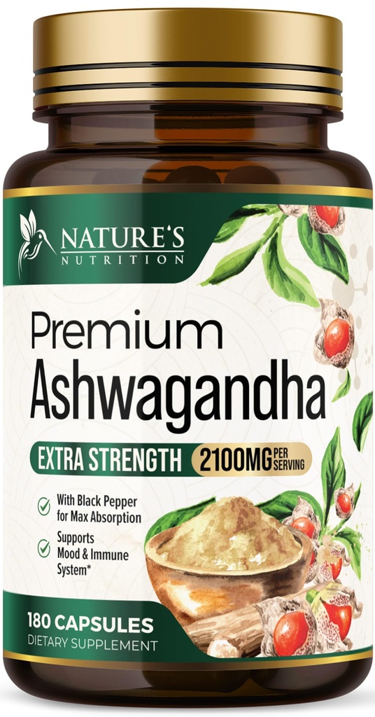 Ashwagandha 보충교재 - 여성 & 남자를 위한 2100mg Ashwagandha 캡슐, 자연적인 산화 방지제 지원, 아스화 뿌리 추출물, 까만 고추, Vegan & 글루텐을 가진 여분 힘 캘름 지원 - 180의 캡슐