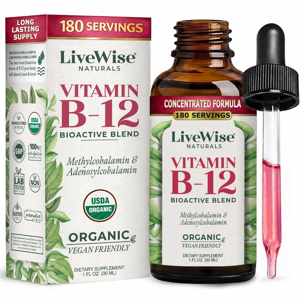 LiveWise Naturals B12 비타민 Drops Non-GMO, 에너지, Clarity, 초점 및 쉬운 흡수, Adenosylcobalamin & Methylcobalamin 보충, Vegan, 글루텐 자유로운, 낙농 자유로운을 위한 유기 생물 활성 혼합