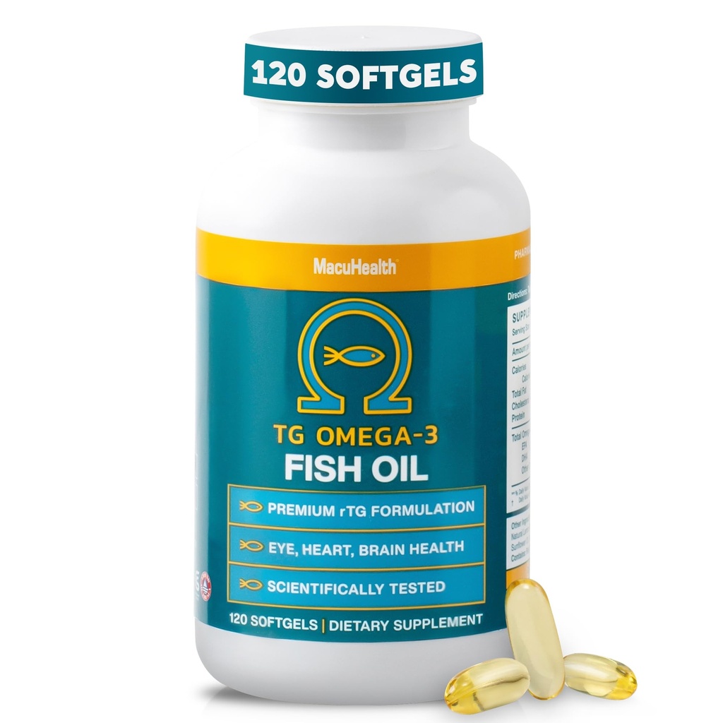 Macuhealth Omega 3 물고기 기름 - 1100mg DHA, 1100mg EPA, 눈 & 뇌 건강 보충교재, Triglyceride 공식, 120 Softgels