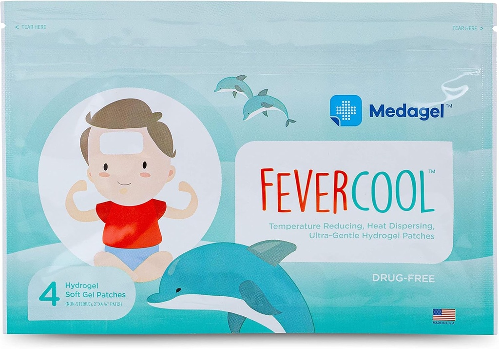 FeverCool Patches - Fever, Migraine 및 Headache Relief 용 냉각 패치 | 미국에서 제작 | 쿨 온도 | Mes & Odor Free | 성인 & 키즈 2+ | 1 팩 (4 x 패치)