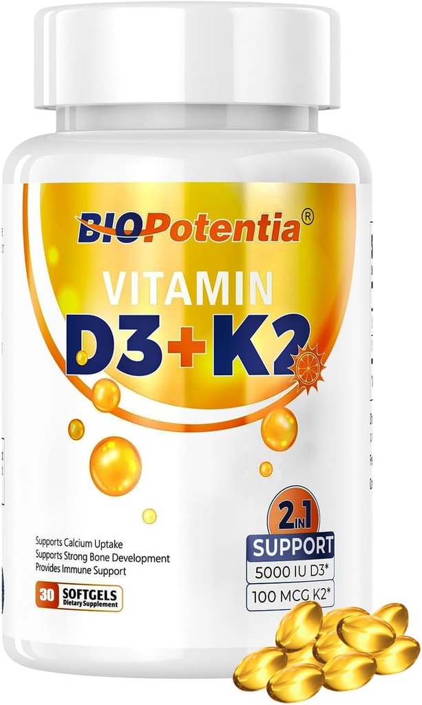 MCT 기름 보충교재를 가진 비타민 D3 K2, 비타민 D3 5000 IU & K2 100MCG (MK7), 지원 면역, 뼈 & 이 건강 - 글루텐 자유로운 비 GMO - 30 Softgels
