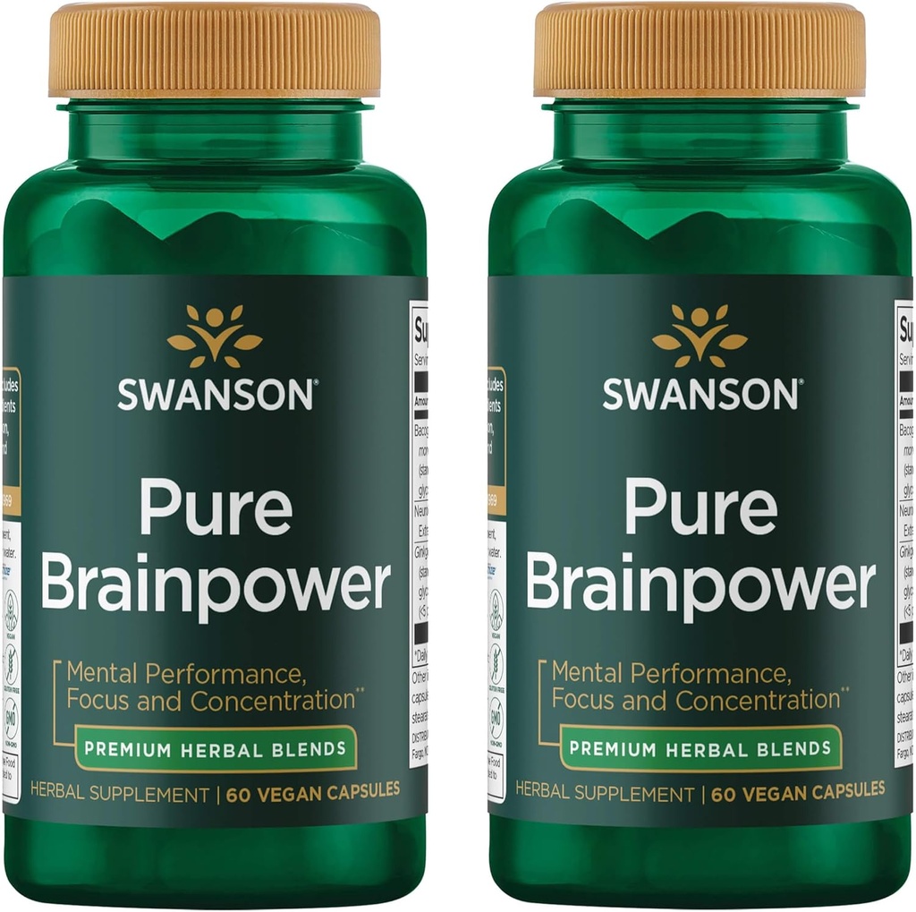 Swanson Pure Brainpower Brain Health Cognitive Memory Focus Support Brain-Derived Neurotrophic Factor (BDNF) 초본 보충 (Ginkgo Biloba, Bacopa Monnieri) 60 Veggie 캡슐 (Veg Cap) (2 팩)