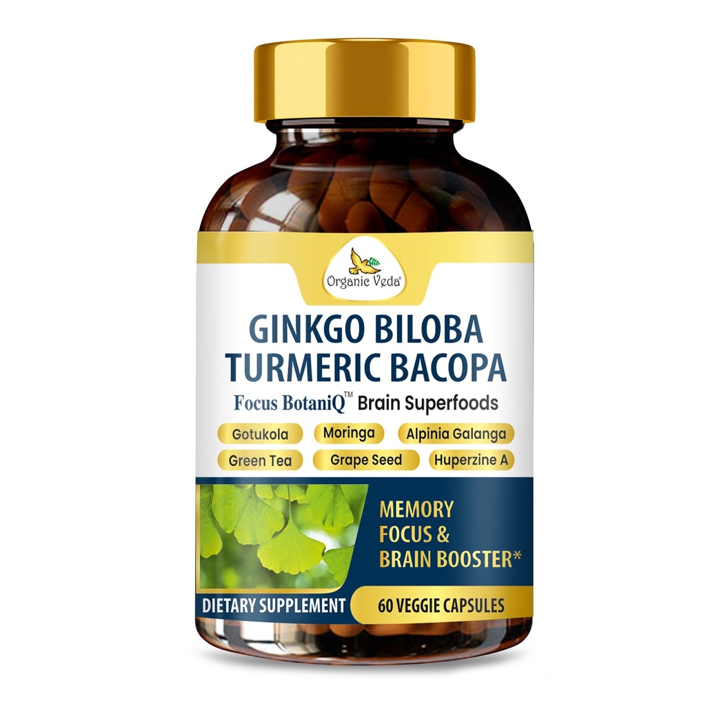 유기 Veda Ginkgo Biloba 심황 Bacopa 두뇌 보충 기억, Ashwagandha와 무드 & 초점 - 농도, 에너지 및 뇌 부스터, 건강한 관절 및 순환 지원 - 60 Vegan 캡슐