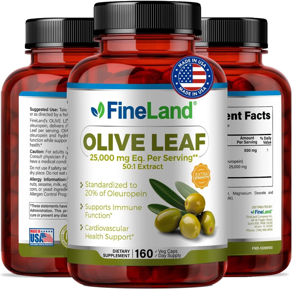FineLand 올리브 리프 추출물 50x - 25,000mg Eq. 서빙 당 | 160 Vegan Cap, 20 % Oleuropein이있는 올리브 추출물 | 순환 및 면역 지원을위한 초본 산화 보충교재, 미국에서 만든