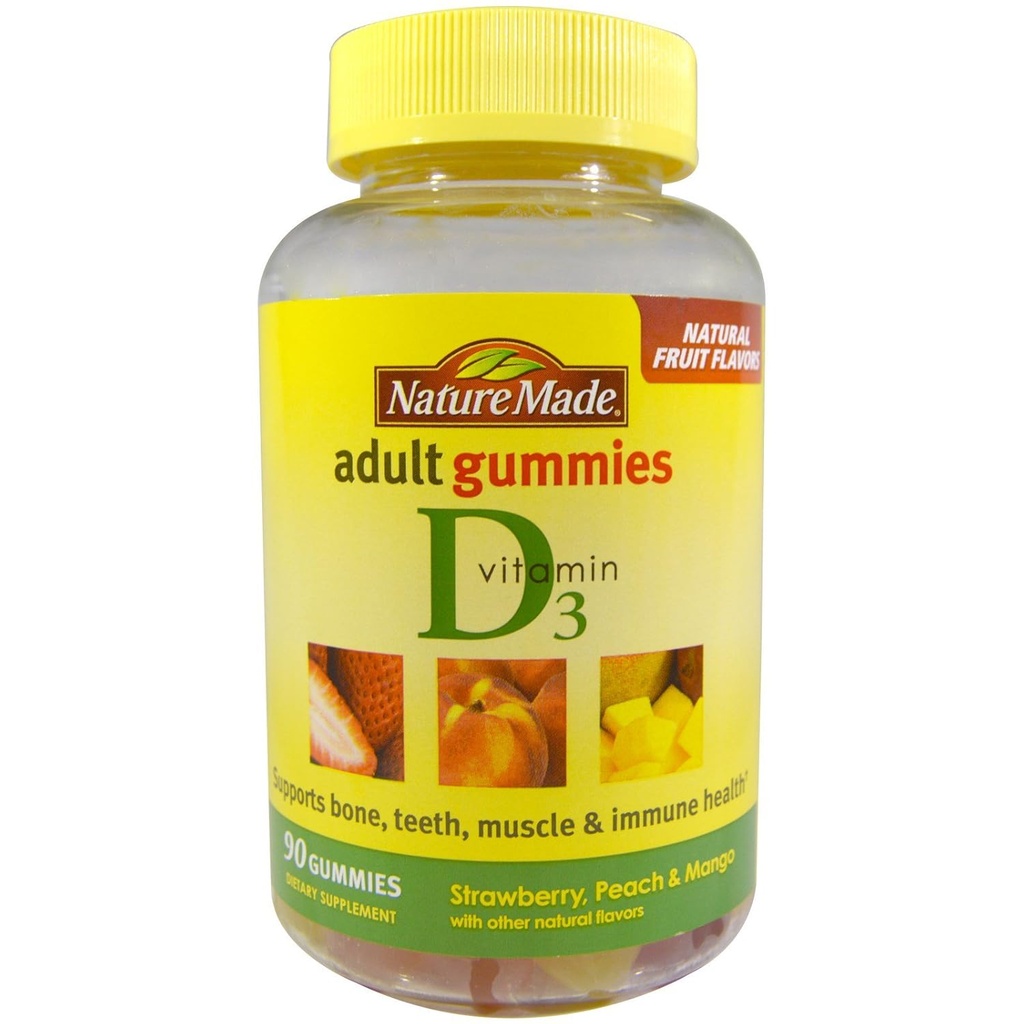 자연 만든 비타민 D 3 성인 Gummies 딸기 - 복숭아 & 망고, 90 구미, 3 개