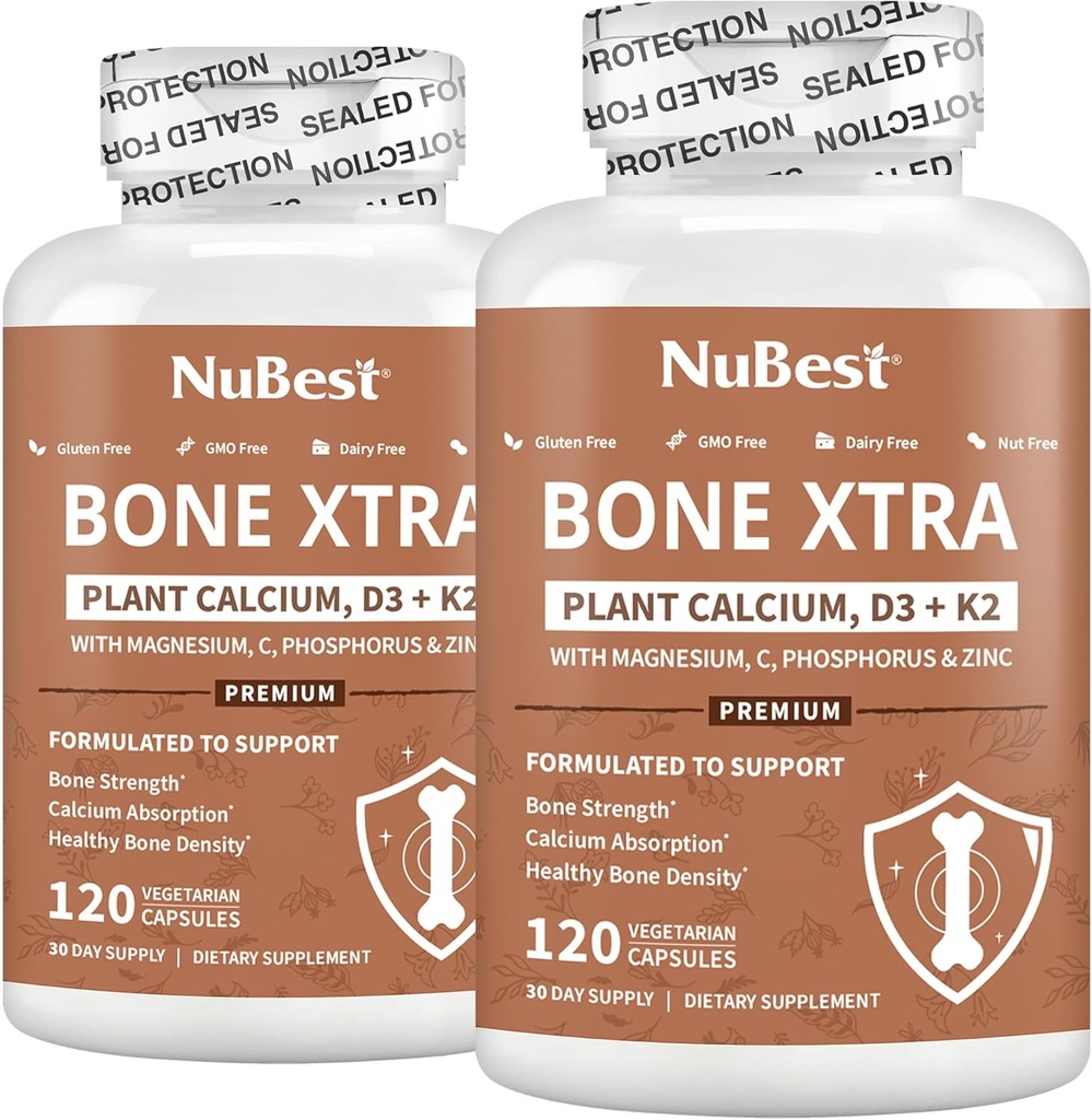 NuBest Bone Xtra Plant-Based Bone Strength Formula with 칼슘, 마그네슘 마린 조류, 인, 비타민 C, K2, D3 | 면역력 및 최대 칼슘 흡수 | 팩 2