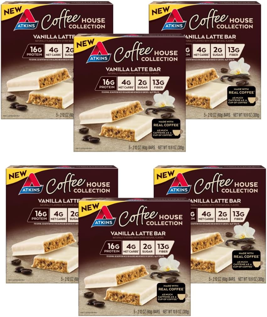 아킨스 커피 하우스 식사 바, 바닐라 라테, 16g 단백질, 4g 그물 캐비넷, 2g 설탕, 13g 섬유, Real Coffee로 만든, 5 개 (패키지 6)