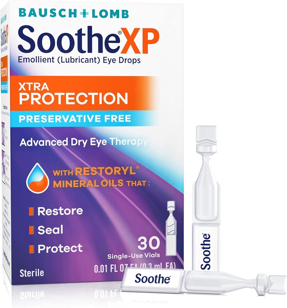 Soothe XP Preservative Free Eye Drops, Xtra Protection 는 드라이 아이에 대한 Eye Drops, Relieves Irritation & Protects Against Tear Loss, Advanced Dry Eye Therapy, Single Use Vials, 30 카운트를 윤활