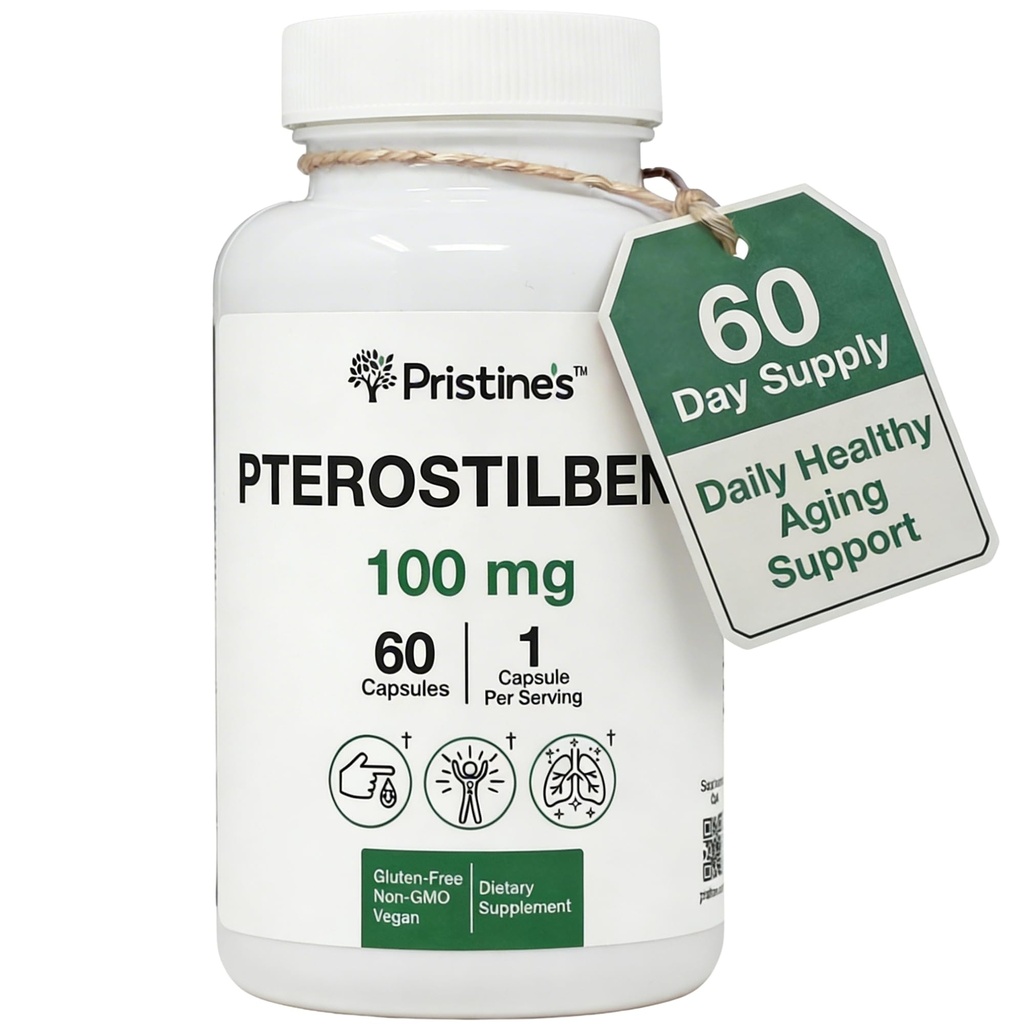 PRISTINE의 Pterostilbene 100mg 노화 방지 보충교재 캡슐 - 60 일 공급 - Lung Health & Mental Clarity Antioxidant - 높은 생물 분해성 Vegan 비 GMO