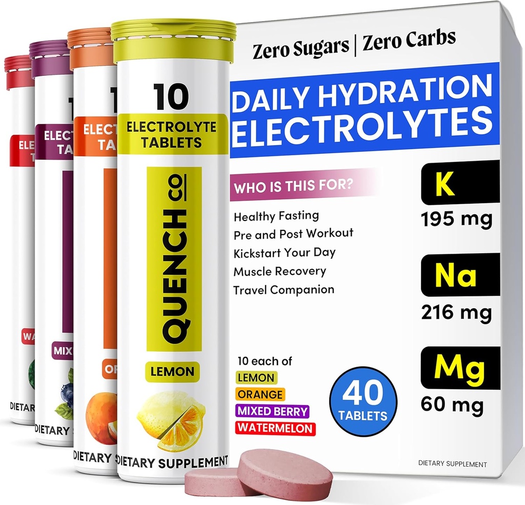 Quench Electrolyte 정제 40 카운트 인스턴트 히드라 션, 일렉트로트로트, 빠른 일렉트로트로트로트로이트 용 설탕 없음 - 수박, 오렌지, 혼합 베리, 레몬 맛