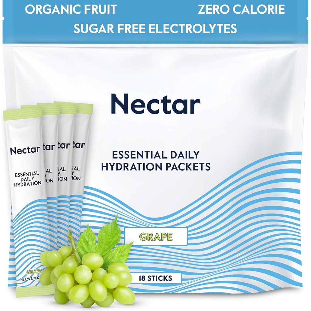 Nectar Hydration Packets - Electrolytes Powder Packets - Sugar Free & 0 Calorie - Dehydration Relief & Rapid Rehydration 용 유기 과일 액체 매일 IV Hydrate 스틱 (Grape 18 Pack)