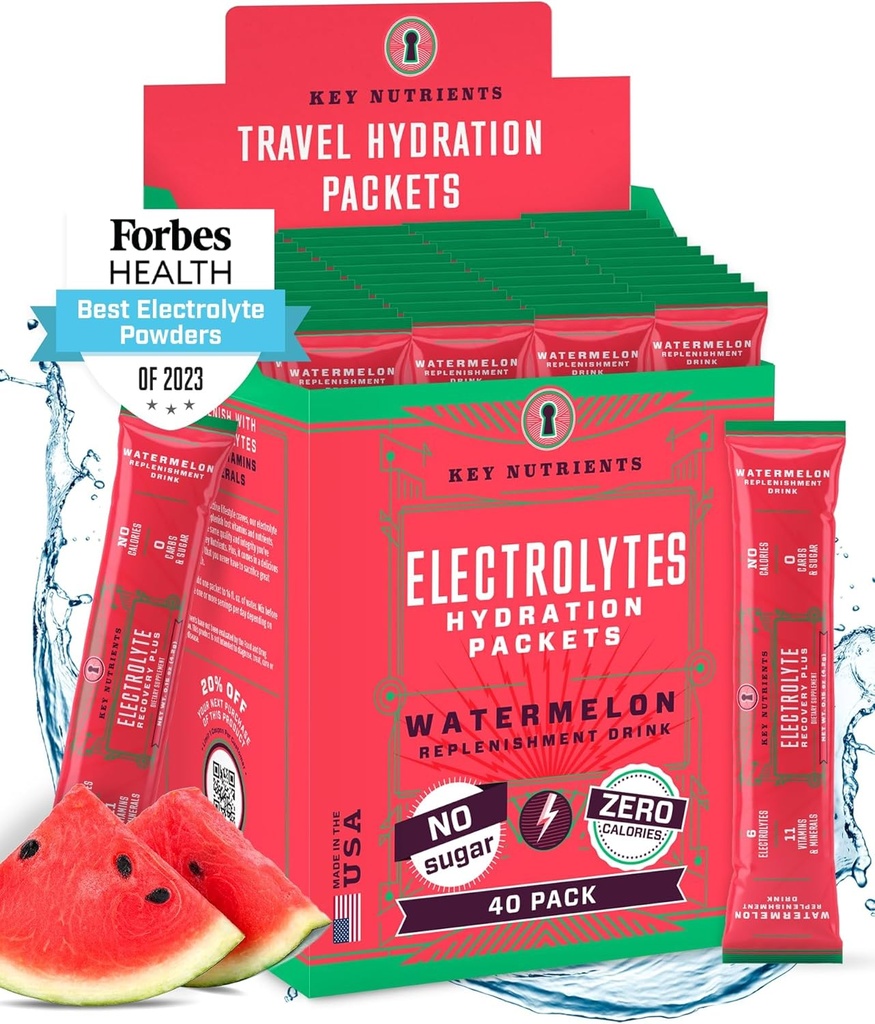 KEY NUTRIENTS Electrolytes 파우더 패킷 - 수박 40 팩 히드라 션 패킷 - 여행 히드라 션 파우더 - 미국에서 만든 - 설탕 없음, 칼로리 없음, 글루텐 무료