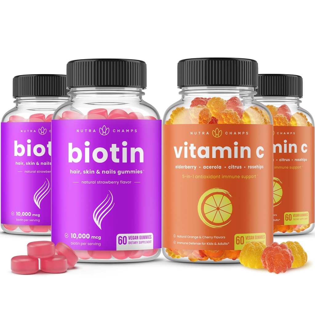 NutraChamps Biotin Gummies (2 팩) 및 비타민 C Gummies (2 팩) 4 팩 번들