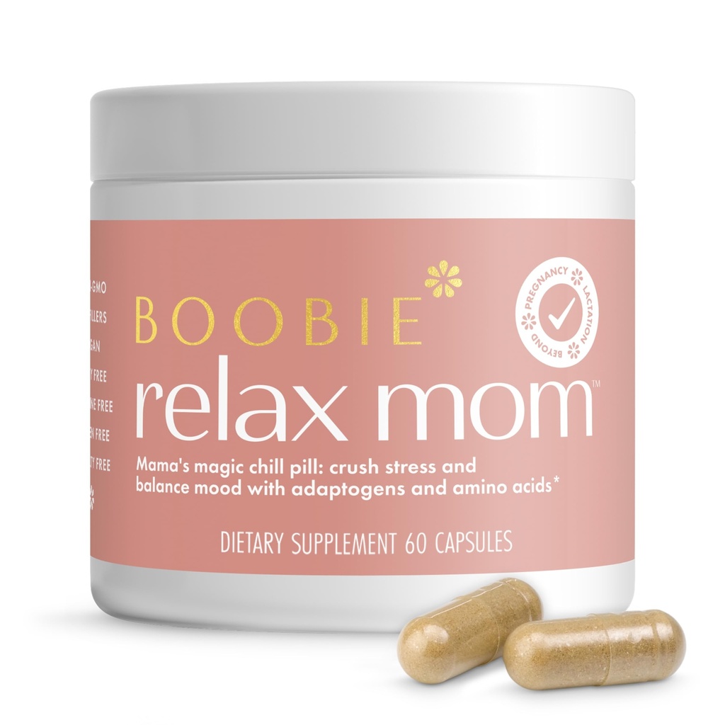 Boobie Relax Mom, Postpartum Stress Support Supplement | Lactation 승인 | Ashwagandha & L-Theanine, 60 캡슐과 함께 계류 및 에너지 지원