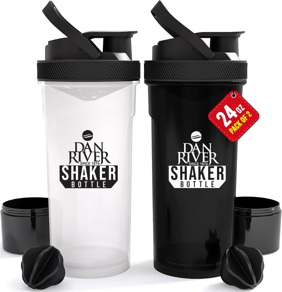 DAN RIVER 2-Pack 셰이커 병 | 24oz Plastic Protein Shaker & Mixer | 스무디 및 단백질 혼합을위한 트위스트 및 잠금 디자인 | 내구성, 누출 방지, 청소하기 쉬운 | 체육관에 대한 Clear & Black Shaker Bottles