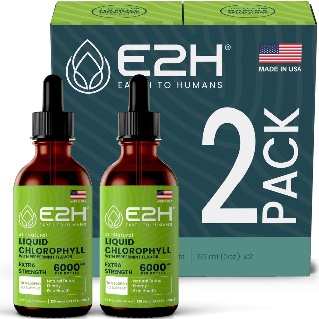 E2H Chlorophyll 액체 드롭 - 천연 에너지 부스터, 면역 시스템 지원 및 내부 탈취제 - Peppermint 풍미 - (2 병)