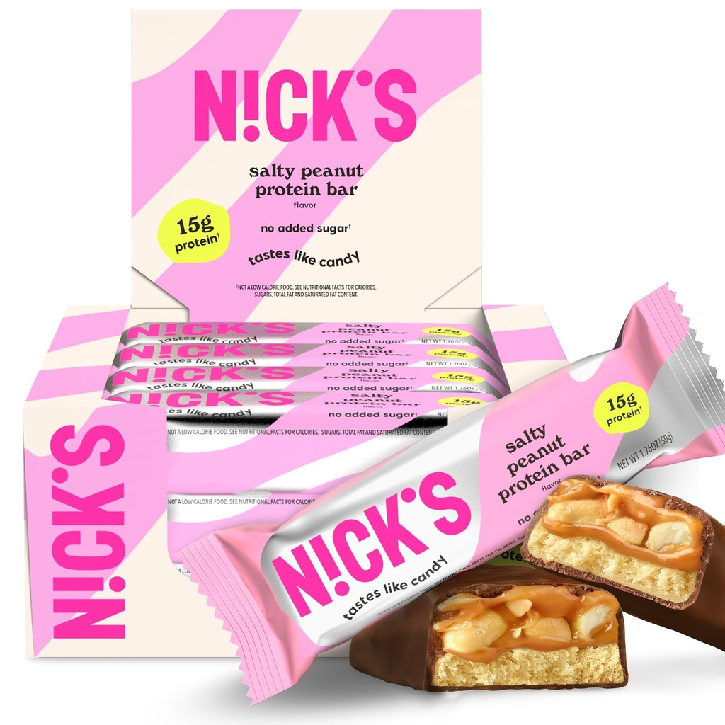 NICKS Protein Bars Chocolate Peanut | 15g 단백질 | 200 칼로리 | 낮은 캐비티 Keto Friendly Snacks 추가 설탕 없음 (멀팩 12 바 x 50g)
