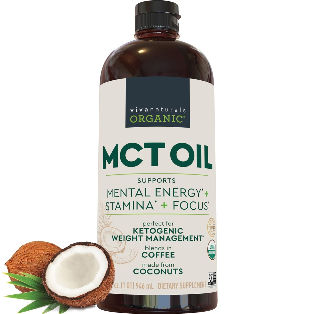Viva Naturals 유기 MCT 오일, 32 fl oz - 커피용 MCT 오일, USDA 유기, 비 GMO, Paleo 인증 및 Keto 친화적 인, 에너지 및 정신 Clarity 지원