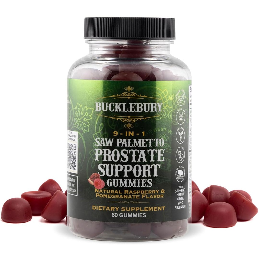 BUCKLEBURY 9-in-1 Natural Saw Palmetto Gummies with Raspberry & Pomegranate flavor - Mens Bladder Health, Hair Growth & Urinary Support에 대한 식물 기반 전립선 지원 보충제 - 60 Gummies