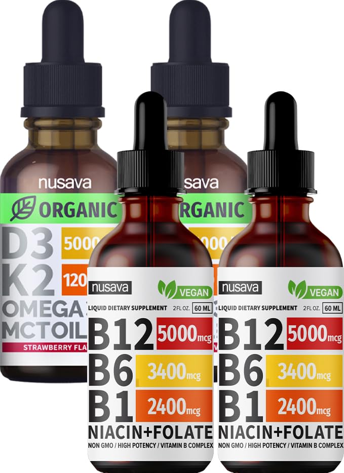 NUSAVA 비타민 B12 액체 드롭 및 딸기 맛 D3 K2 번들 - 심장, 관절, 에너지 및 면역 지원을위한 강력한 액체 비타민 - 비 GMO, 글루텐 - 무료, 2pk 각각