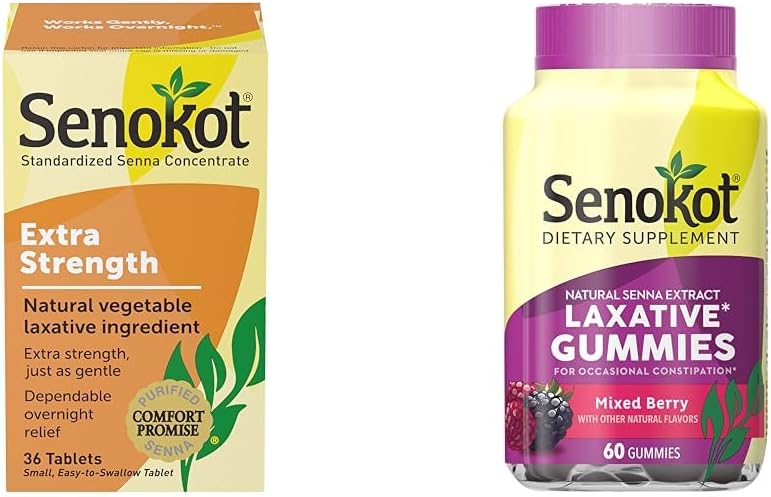 Senokot Extra Strength Gentle Overnight Relief Occasional Constipation, 36 Count & Dietary Supplement Laxative Gummies, Natural Senna Extract, Gentle에 대한 천연 야채 Laxative